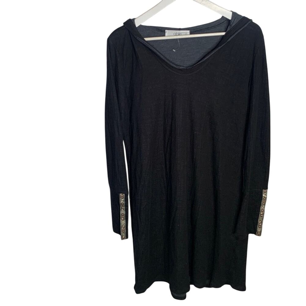Able Clothing Knit Dress Hoodie Black Long Embroidered Cuffs Button W-592 Sz L